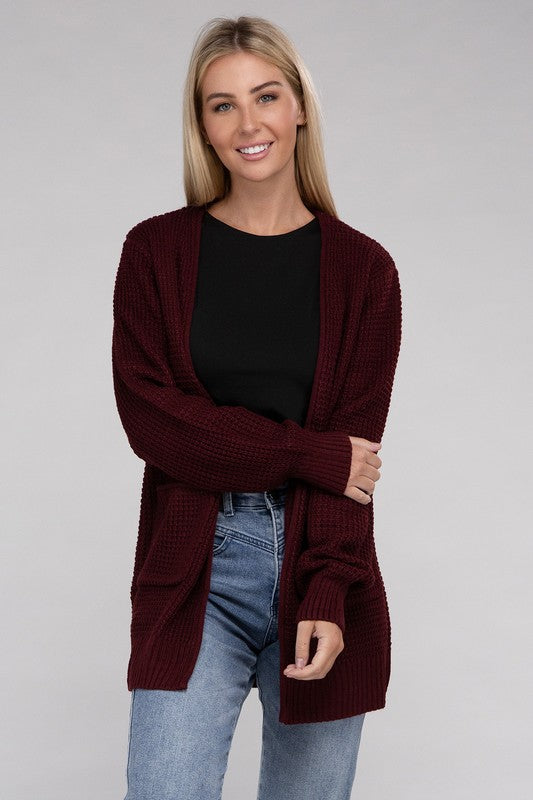 ZENANA Low Gauge Waffle Open Cardigan Sweater