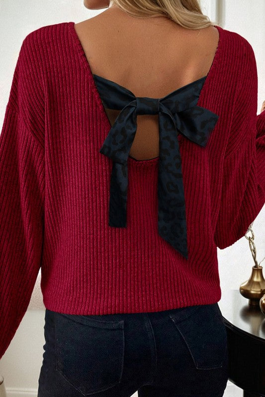 JUNIPER BLVD Bow Tie Back Ribbed Long Sleeve V-Neck Top