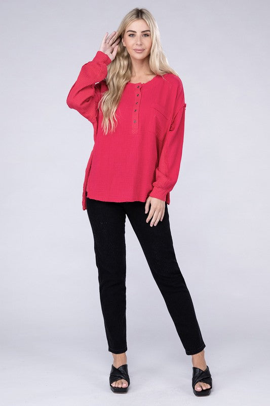 ZENANA Double Gauze Oversized 3/4 Button Henley Neck Top