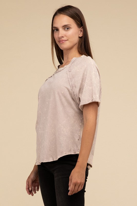 ZENANA Back Patch Crinkle Washed Raglan Sleeve T-Shirt