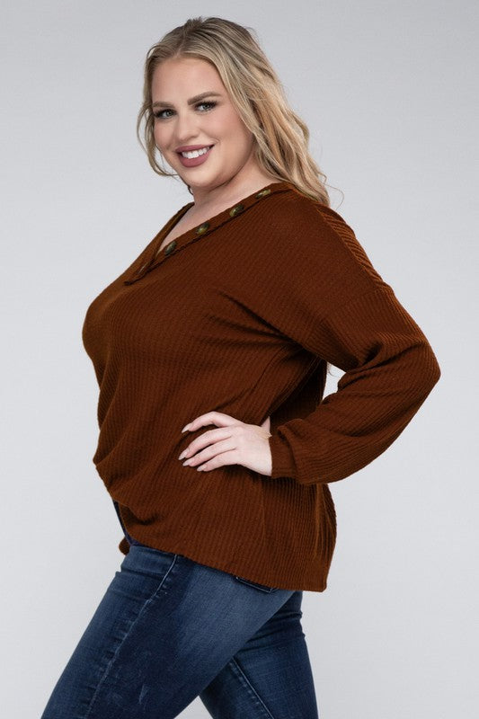 Load image into Gallery viewer, ZENANA Plus Brushed Waffle V-Neck Button Detail Sweater
