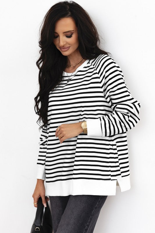 YNIQUE Stripe Raglan Sleeve Side Slits Loose Sweatshirt