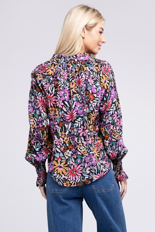 Nuvi Apparel Floral Print Tie V Neck Blouse