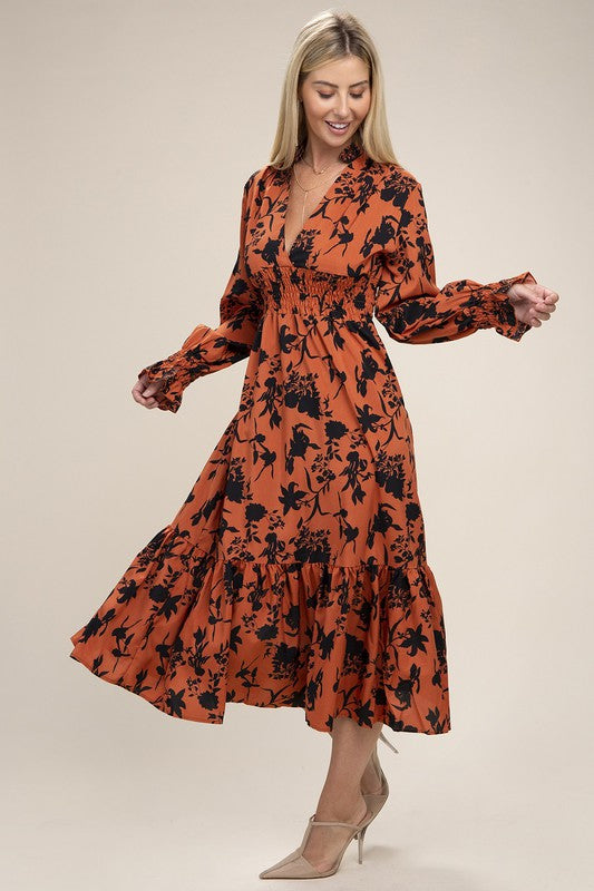 Load image into Gallery viewer, Nuvi Apparel Floral Print Bishop Sleeve Shirred Dress
