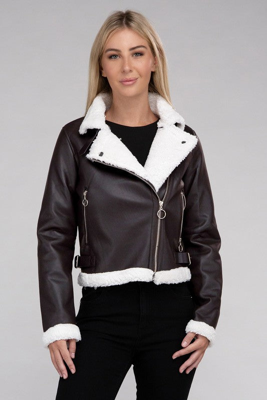 Ambiance Apparel Plush Teddy Trimmed PU Jacket