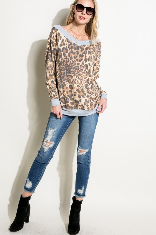 e Luna PLUS CHEETAH PRINT TERRY BANDED DETAIL TOP