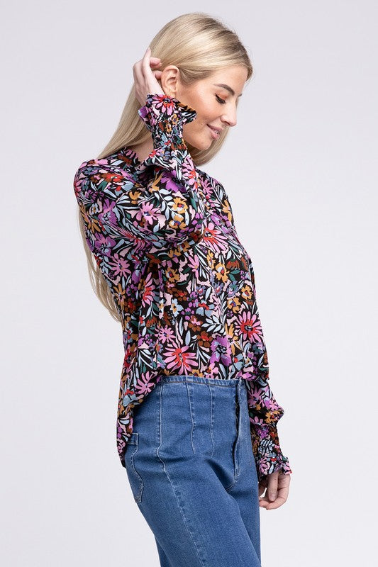 Nuvi Apparel Floral Print Tie V Neck Blouse