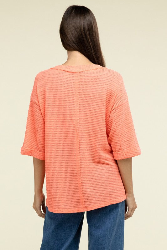 ZENANA Brushed Waffle Exposed-Seam 3/4 Sleeve Top