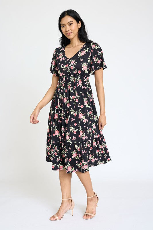 EG fashion Floral Angel Sleeve Midi Dress