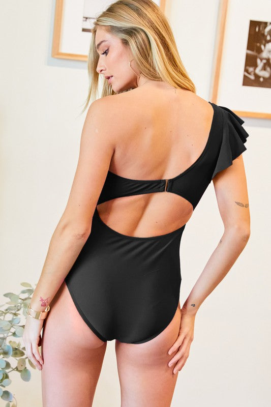 Load image into Gallery viewer, Davi &amp;amp; Dani Solid One Shoulder One Piece Swimsuit
