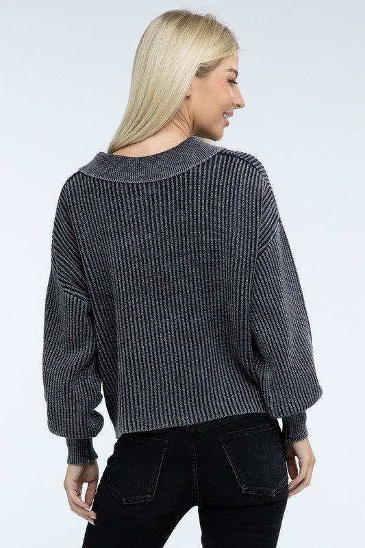 ZENANA Washed Collared Henley Sweater