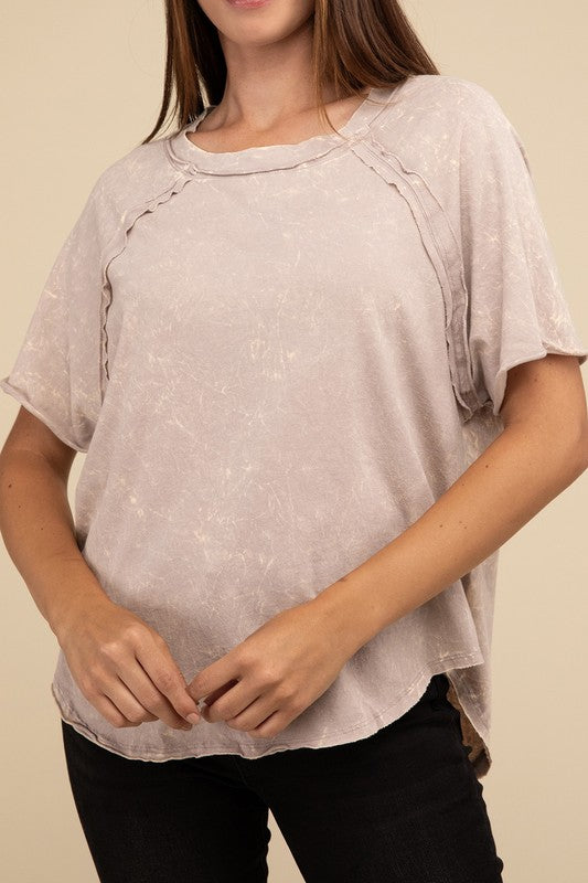 ZENANA Back Patch Crinkle Washed Raglan Sleeve T-Shirt