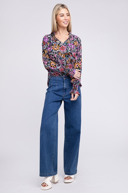 Nuvi Apparel Floral Print Tie V Neck Blouse