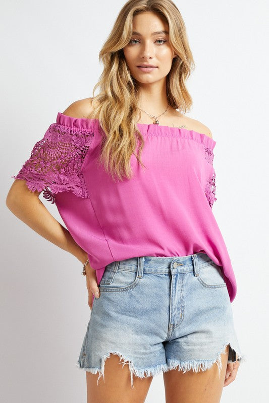 Load image into Gallery viewer, Davi &amp;amp; Dani Crochet Lace Sleeveless Accent Off Shoulder Top
