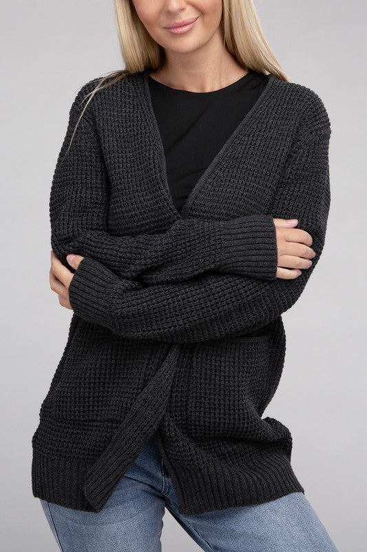 ZENANA Low Gauge Waffle Open Cardigan Sweater