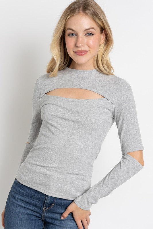 Sweet Generis RIBBED FITTED LONG SLEEVE TOP WITH CHEST CUTOUT