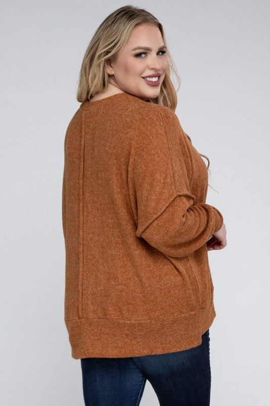 ZENANA Plus Brushed Melange Drop Shoulder Sweater