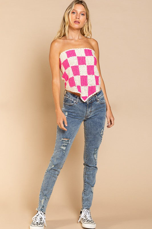 POL Checkerboard Pattern Tube Top Sweater