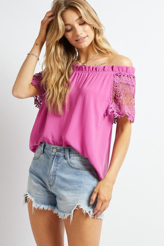 Load image into Gallery viewer, Davi &amp;amp; Dani Crochet Lace Sleeveless Accent Off Shoulder Top

