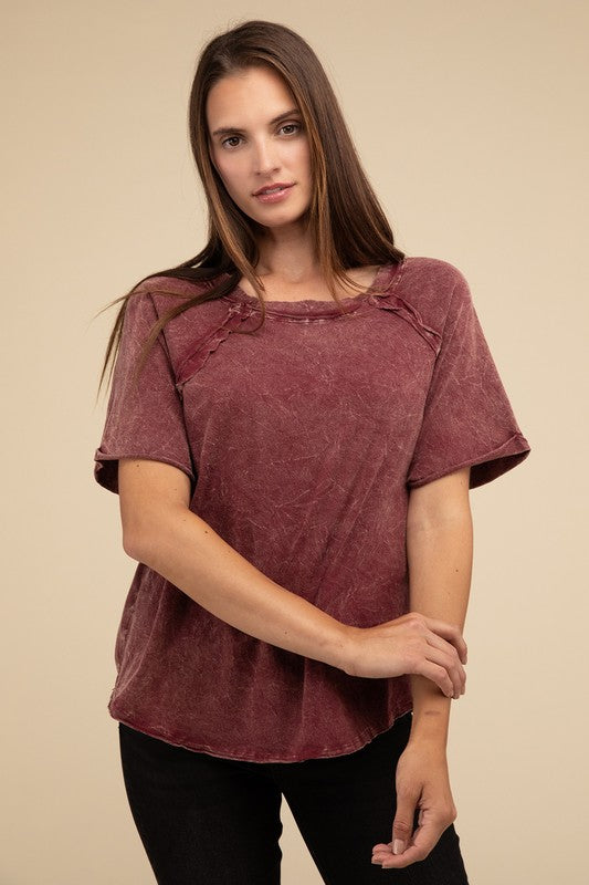 ZENANA Back Patch Crinkle Washed Raglan Sleeve T-Shirt