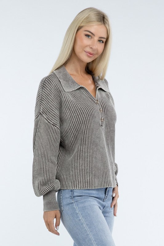 ZENANA Washed Collared Henley Sweater