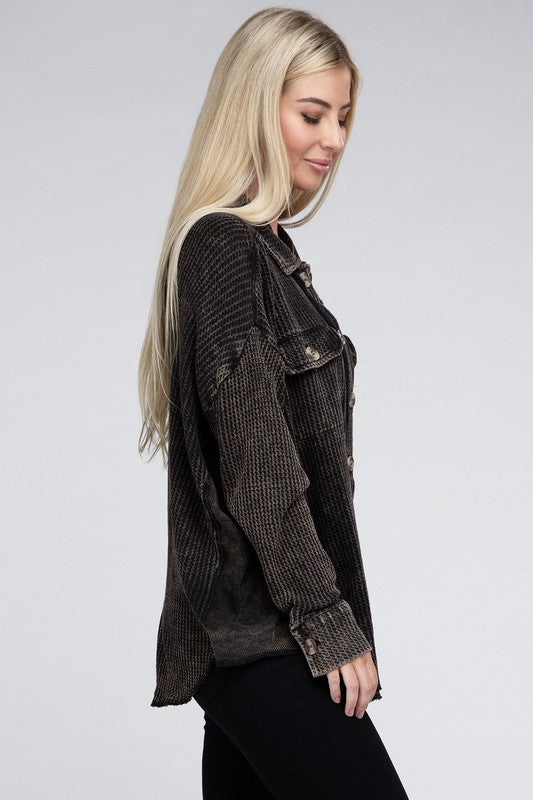 ZENANA Acid Wash Oversized Cotton Waffle Shacket