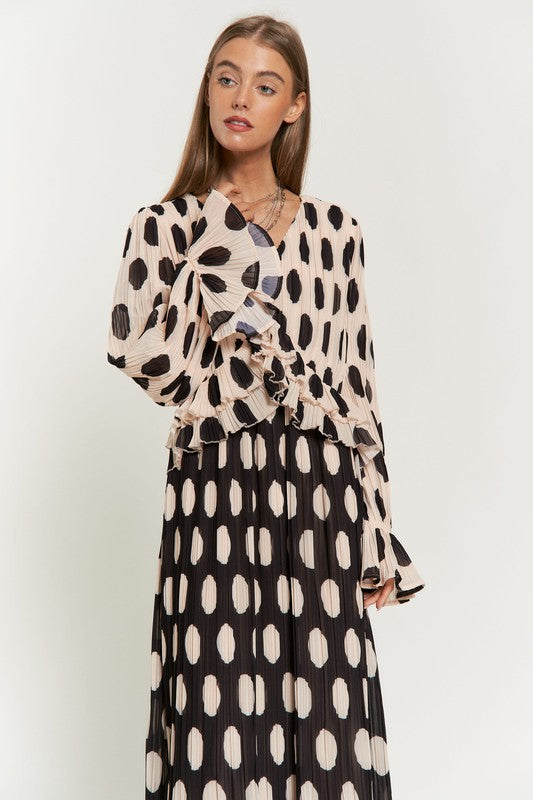 Davi & Dani Polka Dot Ruffled Long Sleeve Pleated Maxi Dress