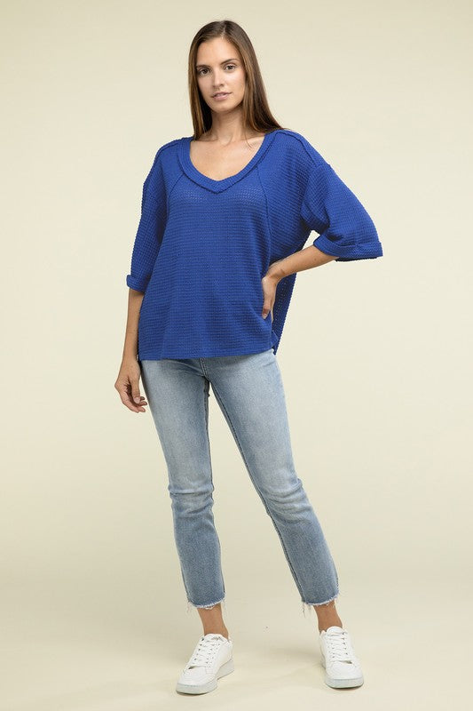 ZENANA Brushed Waffle Exposed-Seam 3/4 Sleeve Top