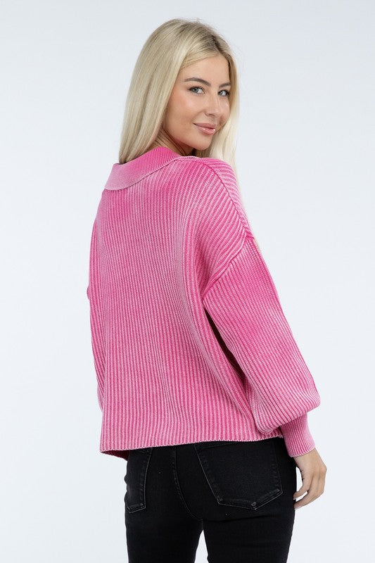 ZENANA Washed Collared Henley Sweater