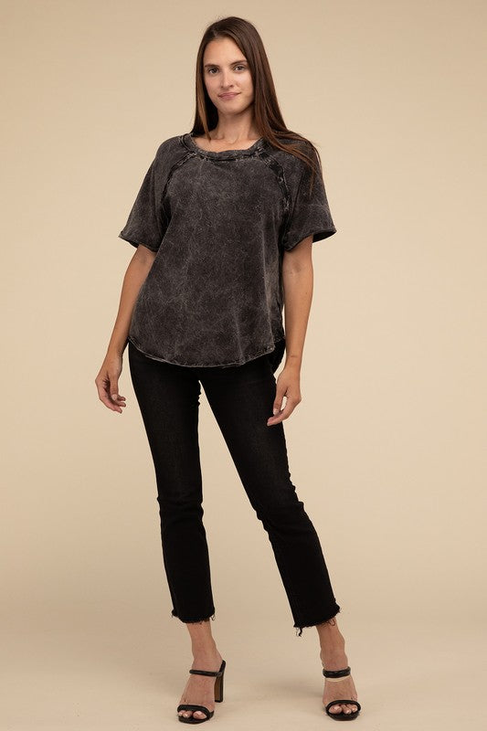 ZENANA Back Patch Crinkle Washed Raglan Sleeve T-Shirt