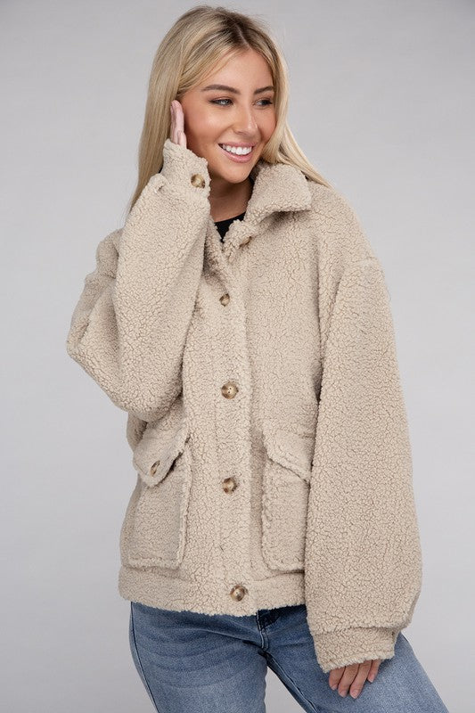 Ambiance Apparel Cozy Sherpa Button-Front Jacket