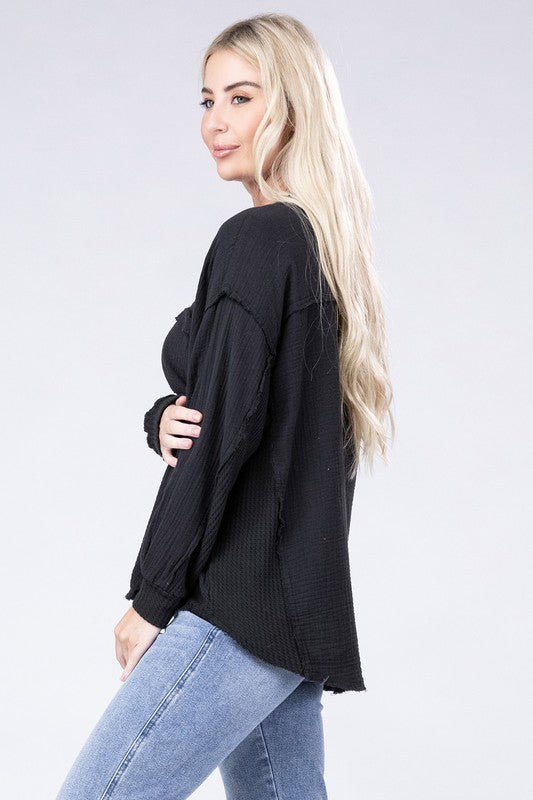 ZENANA Double Gauze Oversized 3/4 Button Henley Neck Top