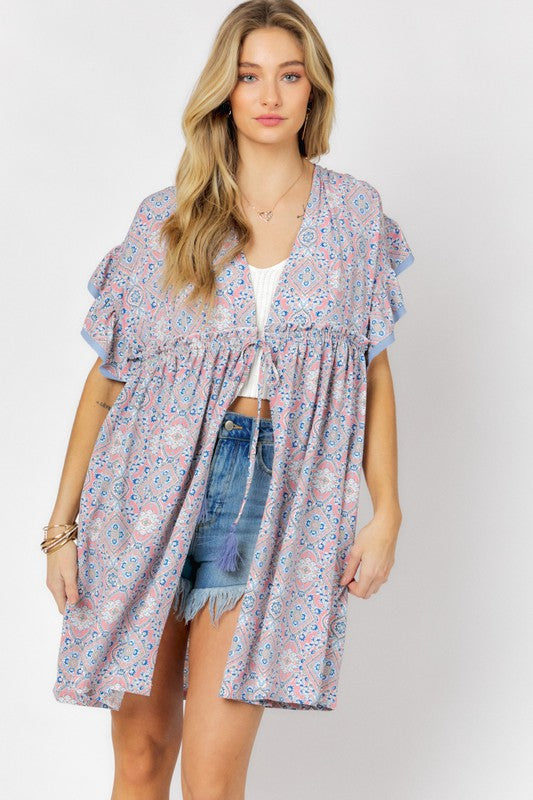 Davi & Dani Printed Short Sleeve Ruffle Kimono