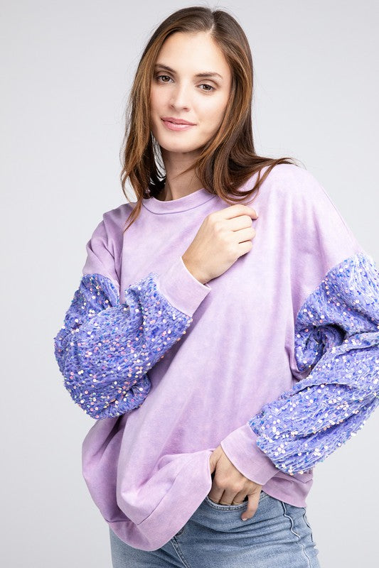 Load image into Gallery viewer, BiBi Velvet Sequin Sleeve Mineral Washed Top
