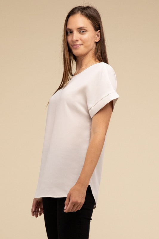 ZENANA Woven Heavy Dobby Rolled Sleeve Boat Neck Top