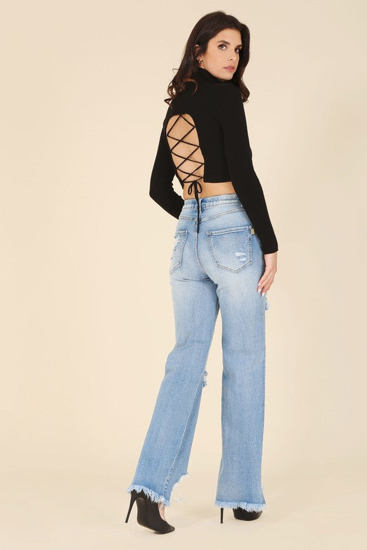 Lilou Mock neck lace-up open back top