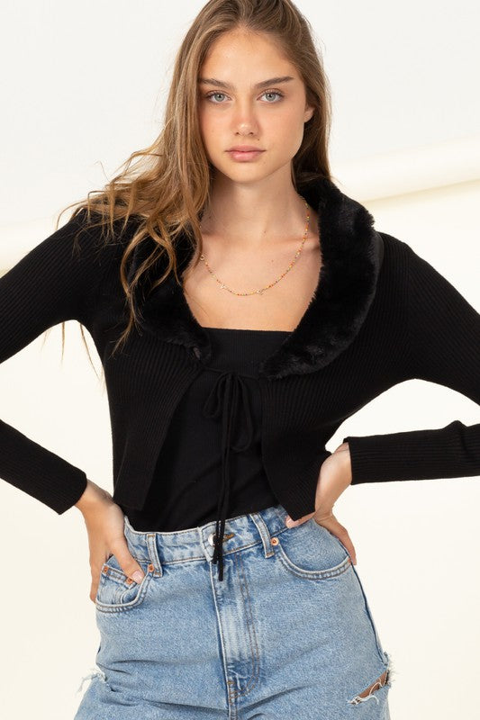 HYFVE Miss Mesmerize Fur Trim Tie Front Ribbed Cardigan