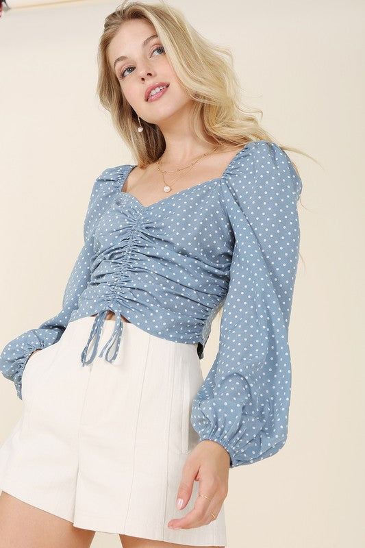 Lilou Ruched polka dot crop top with puff sleeves