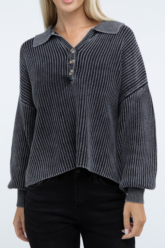 ZENANA Washed Collared Henley Sweater