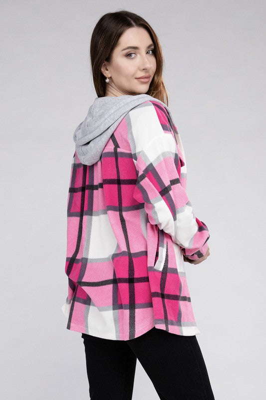 Load image into Gallery viewer, ZENANA Plaid Drawstring Hooded Fleece Shacket
