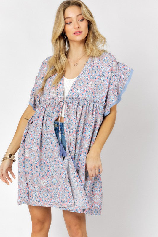 Davi & Dani Printed Short Sleeve Ruffle Kimono