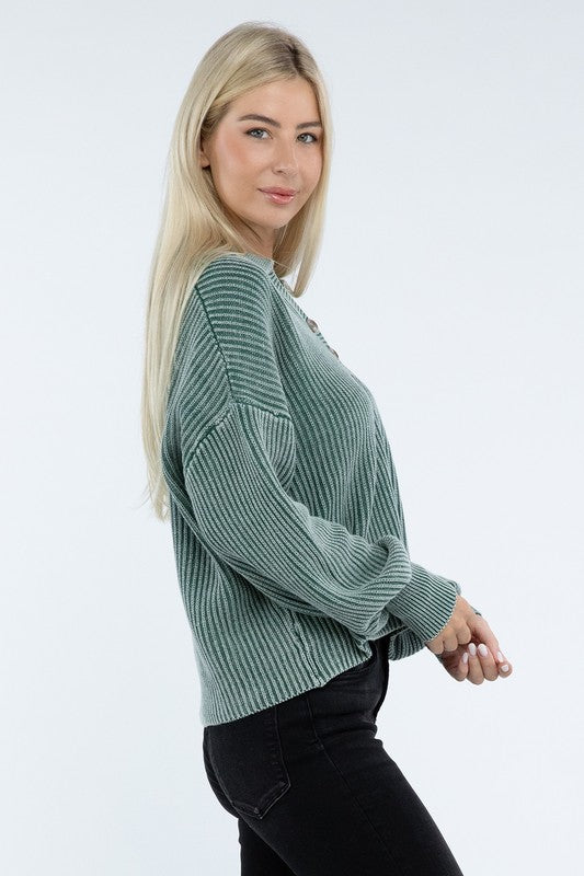 ZENANA Washed Collared Henley Sweater