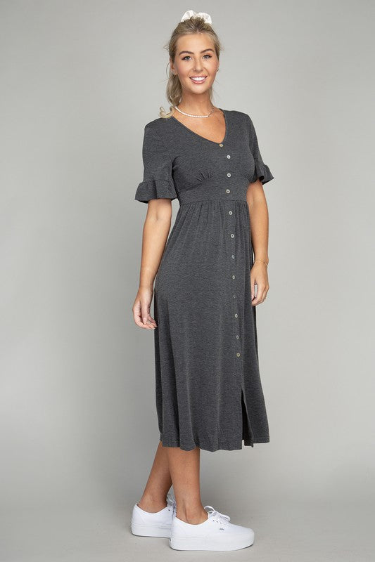 Load image into Gallery viewer, Nuvi Apparel Button Trim Knit Midi Dress
