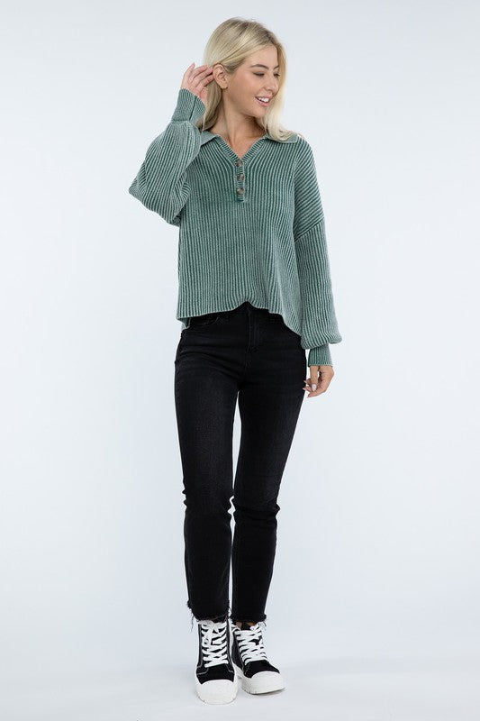 ZENANA Washed Collared Henley Sweater