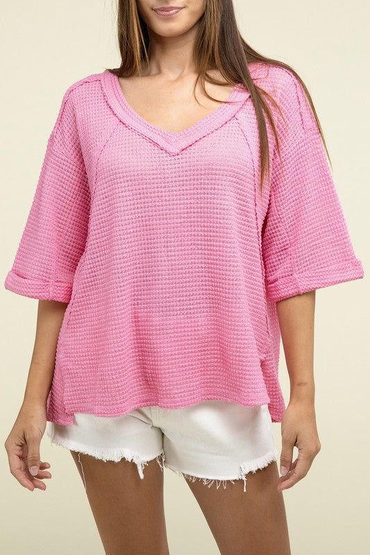 ZENANA Brushed Waffle Exposed-Seam 3/4 Sleeve Top