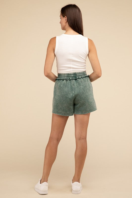 ZENANA Acid Wash Fleece Drawstring Shorts with Pockets