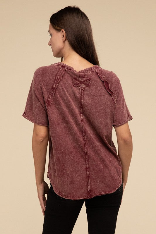 ZENANA Back Patch Crinkle Washed Raglan Sleeve T-Shirt