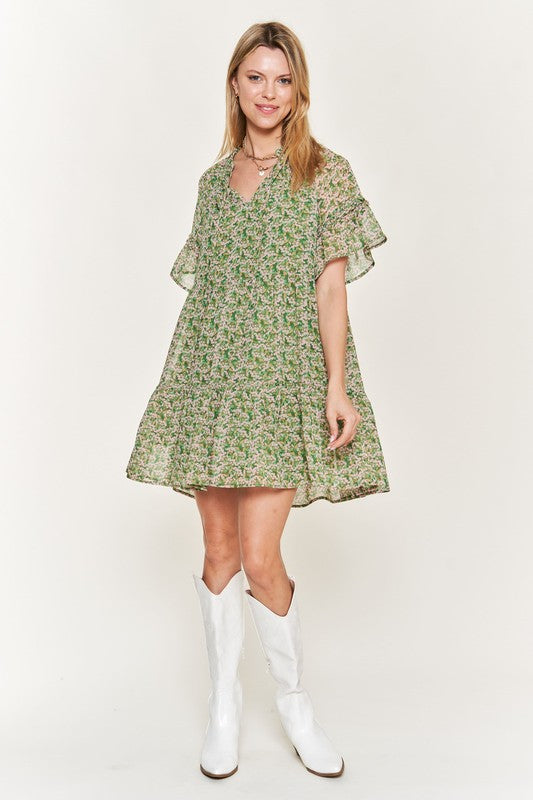 Jade By Jane Floral print v-neck mini dress Green / S Jade By Jane Floral print v-neck mini dress Green / S