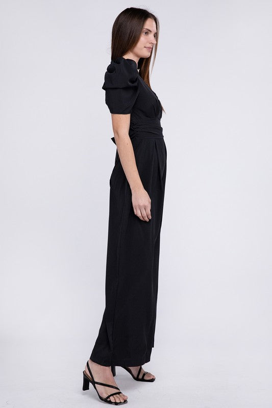 Nuvi Apparel V Neck Puff Sleeve Jumpsuit