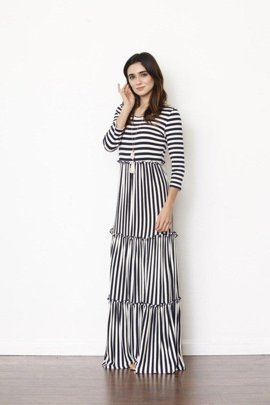 EG fashion Stripe three tiered maxi dress